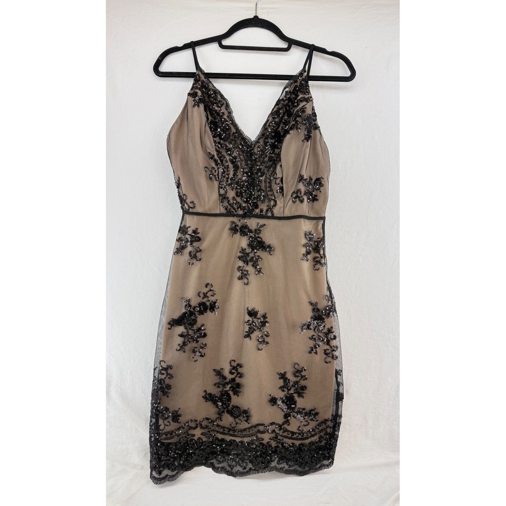 Black Sequin Mesh V Neck Mini Dress Adjustable Straps Zipper Back